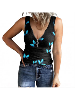 Ladies Floral Sleeveless Vest Women V Neck Zipper Summer Tank Top Pullover Shirt