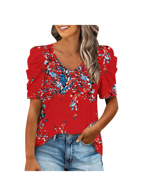 Ladies Floral Puff Short Sleeve Tops Women V Neck Summer Casual Blouse Shirt