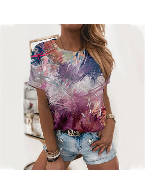 Plus Size Ladies Short Sleeve Casual Tops Women Floral Crew Neck Blouse Shirt 