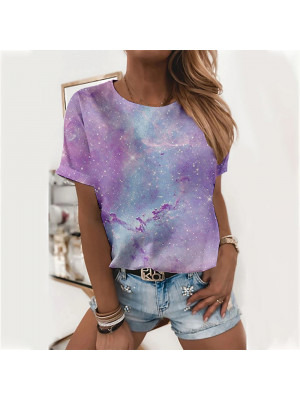 Plus Size Ladies Short Sleeve Casual Tops Women Floral Crew Neck Blouse Shirt 