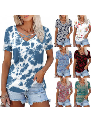 Ladies Floral Tie-dye Short Sleeve Tops Women Pullover Casual Summer Tee Shirts