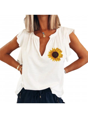 Ladies Short Sleeve Ruffles OL Casual Top Women Floral V Neck Pullvoer Tee Shirt