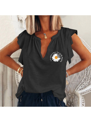 Ladies Short Sleeve Ruffles OL Casual Top Women Floral V Neck Pullvoer Tee Shirt