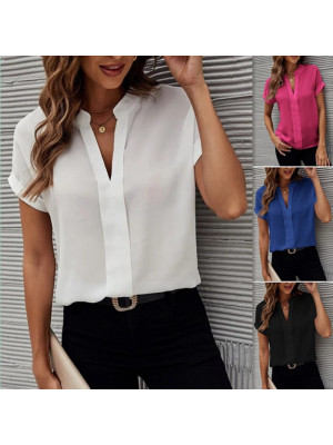 Ladies Short Sleeve Casual Blouse Shirt Women V Neck Solid Tops OL Tee Shirts UK