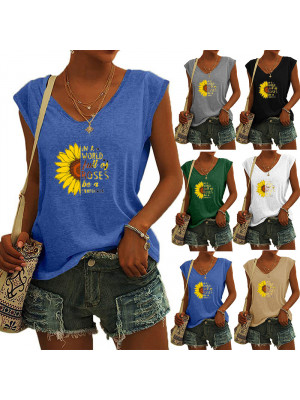 Plus Size Ladies Sleeveless Tank Vest Casual Tops Women Floral V Neck Tee Shirt