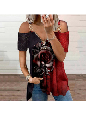 Ladies Sexy Print Cold Shoulder Top Women Zip V-Neck Short Sleeve T-Shirt Blouse