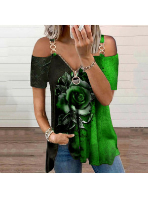 Ladies Sexy Print Cold Shoulder Top Women Zip V-Neck Short Sleeve T-Shirt Blouse