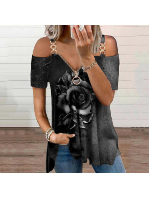 Ladies Sexy Print Cold Shoulder Top Women Zip V-Neck Short Sleeve T-Shirt Blouse