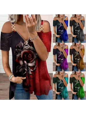 Ladies Sexy Print Cold Shoulder Top Women Zip V-Neck Short Sleeve T-Shirt Blouse