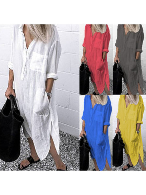 Plus Size Women Casual Blouse Long Shirt Dress Ladies Collared Button Down Dress