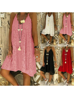 Womens Lace Sleeveless Mini Tank Dress Summer Holiday Beach Strappy Sundress