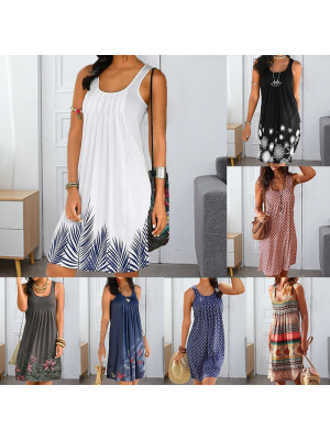 Summer Dresses Women midi Dress Floral Print Sleeveless Beach Casual Dresses 