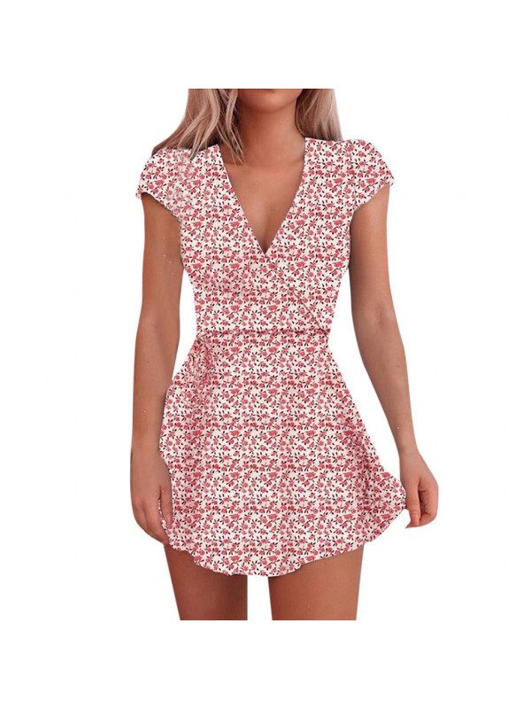 Womens Floral Boho V Neck Mini Summer Dress Ladies Holiday Short Sleeve Sundress