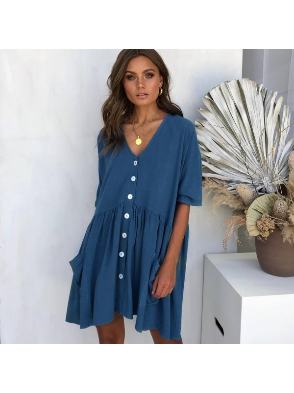 Women's Summer Mini Casual Solid Dress Women Button Pocket Baggy Blouse Sundress