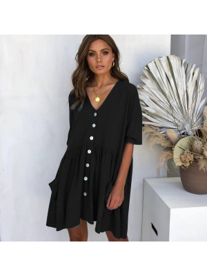 Women's Summer Mini Casual Solid Dress Women Button Pocket Baggy Blouse Sundress