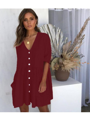 Women's Summer Mini Casual Solid Dress Women Button Pocket Baggy Blouse Sundress