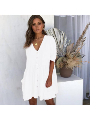 Women's Summer Mini Casual Solid Dress Women Button Pocket Baggy Blouse Sundress