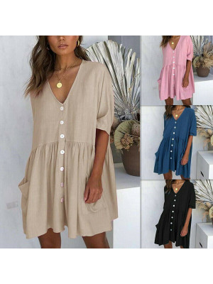 Women's Summer Mini Casual Solid Dress Women Button Pocket Baggy Blouse Sundress