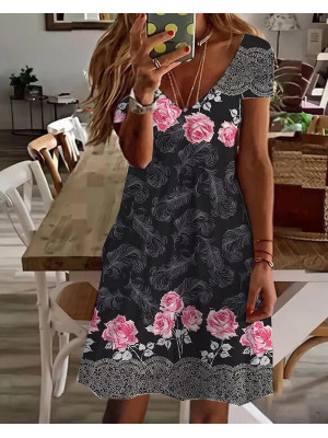 Ladies Short Sleeve V Neck A-Line Dress Women Floral Pullover Casual Sundress