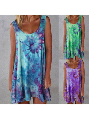 Ladies Sleeveless Tie-Dye Summer Dress Women Solid Crew Neck Pullover Sundress