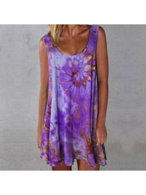 Ladies Sleeveless Tie-Dye Summer Dress Women Solid Crew Neck Pullover Sundress