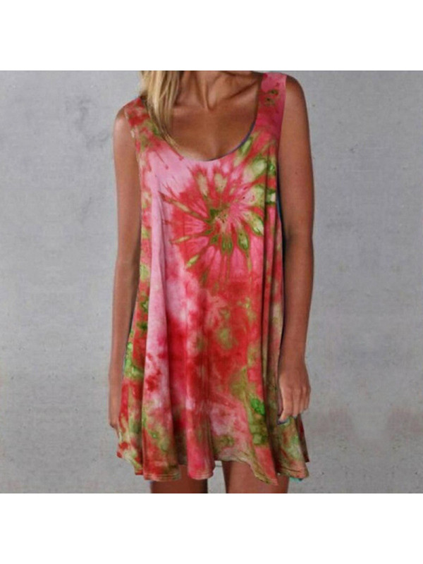 Ladies Sleeveless Tie-Dye Summer Dress Women Solid Crew Neck Pullover Sundress