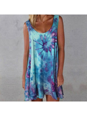 Ladies Sleeveless Tie-Dye Summer Dress Women Solid Crew Neck Pullover Sundress