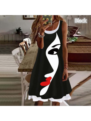 Ladies Sleeveless Floral Summer Casual Dress Women Crew Neck Sundress