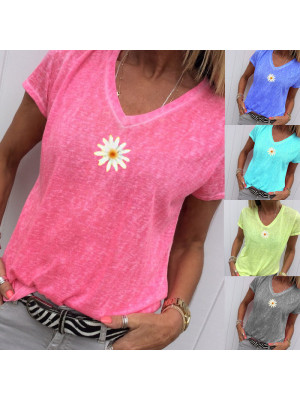 Womens Summer V Neck Print Tops Blouse Lady Casual Short Sleeve T Shirts 6-22