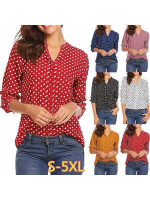 Ladies Polka Dot Long Sleeve Casual Tops Women Pullover Blouse Shirt V Neck Tees