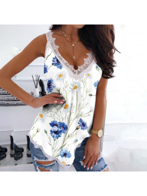 Ladies Sleeveless Floral Tank Tops Women V Neck Vest Sexy Cami Lace Blouse Shirt