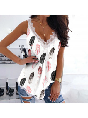 Ladies Sleeveless Floral Tank Tops Women V Neck Vest Sexy Cami Lace Blouse Shirt