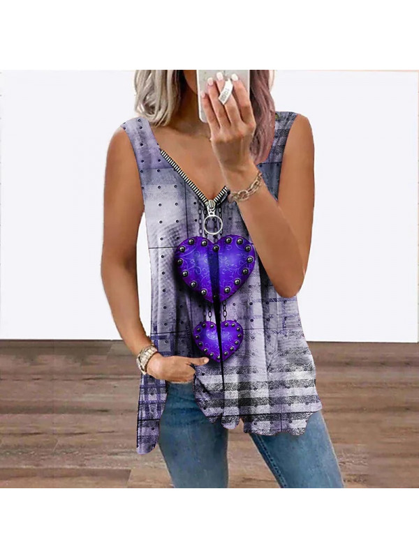 Summer Womens Sleeveless T Shirt Ladies Blouse Zipper Flower Tops Caual Tees