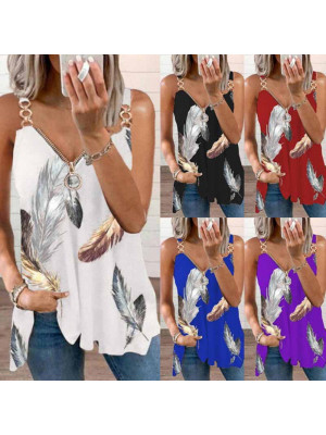 Ladies Floral Sleeveless Zip Tops Women Casual Pullover Tank Shirts Summer Tees