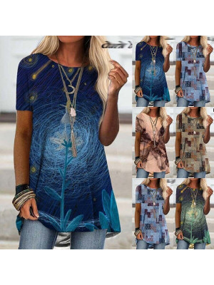 Womens Tunic Long Tops Shirts Blouse Plus Size Ladies Print Hoilday Tee T-shirt