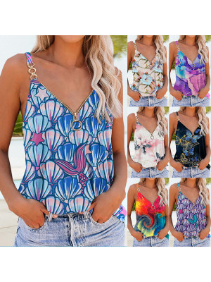 Ladies Casual Baggy Sleeveless Tops Women Sexy Summer Vest Strap V Neck Zip Tee