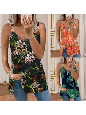 Ladies Strappy Summer Sleeveless Tops Women Floral Casual V Neck Sexy Zipper Tee