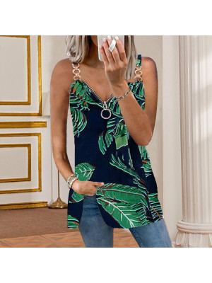 Ladies Strappy Summer Sleeveless Tops Women Floral Casual V Neck Sexy Zipper Tee