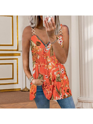 Ladies Strappy Summer Sleeveless Tops Women Floral Casual V Neck Sexy Zipper Tee