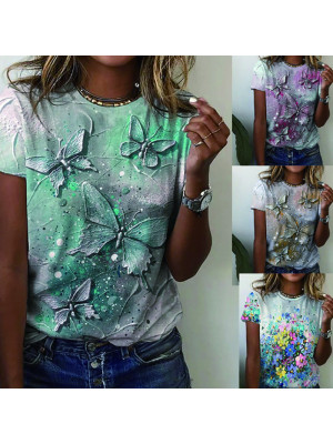 Plus Size Ladies Floral Short Sleeve Tops Women Crew Neck Pullover Tee Shirt UK