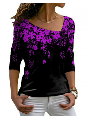 Plus Size Ladies Long Sleeve Floral Tee Women Casual Fit Crew Neck Pullover Tops