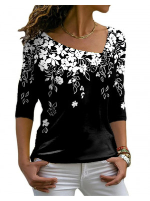 Plus Size Ladies Long Sleeve Floral Tee Women Casual Fit Crew Neck Pullover Tops