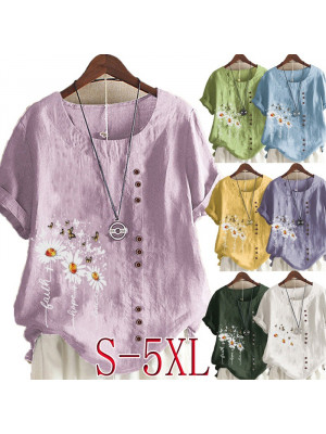 UK Women Summer Short Sleeve Loose Tops Cotton linen T-shirt Blouse Plus Size