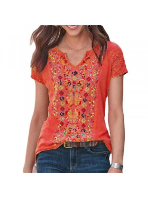 Plus Ladies Boho Casual Short Sleeve V Neck Tops Women Pullover Floral Tee Shirt