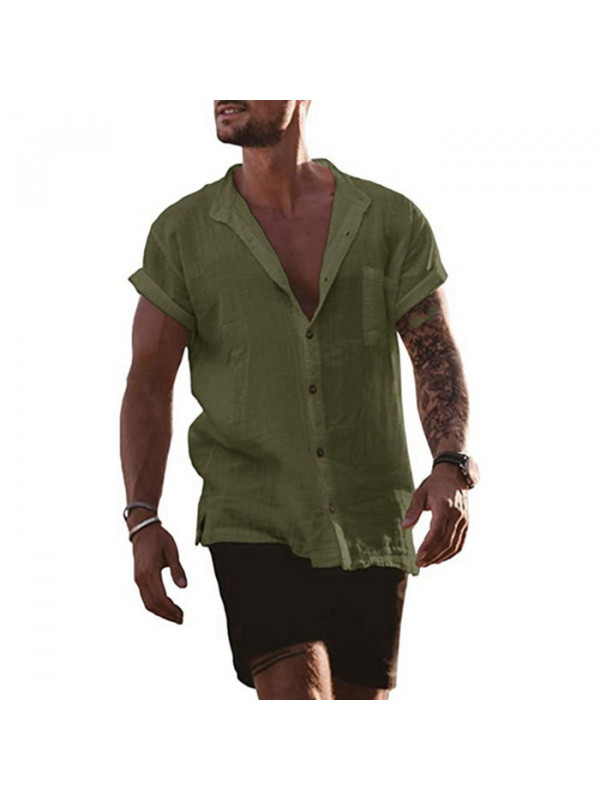 Mens Linen Style Short Sleeve Solid Shirts Casual Fit Formal Top Tee Shirt