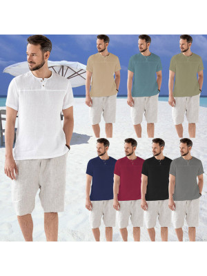 Men's Linen Cotton T Shirt Men Plain Casual Short Sleeve Button Summer Tee Tops