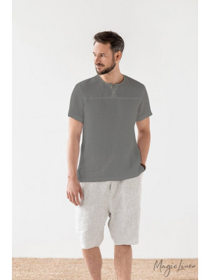 Men's Linen Cotton T Shirt Men Plain Casual Short Sleeve Button Summer Tee Tops