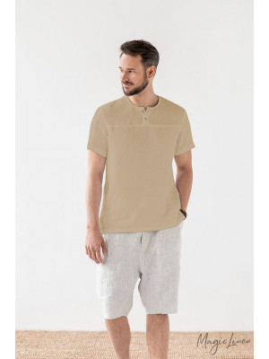 Men's Linen Cotton T Shirt Men Plain Casual Short Sleeve Button Summer Tee Tops