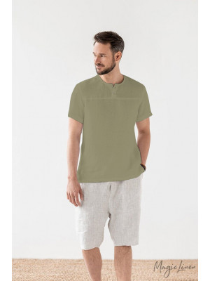 Men's Linen Cotton T Shirt Men Plain Casual Short Sleeve Button Summer Tee Tops