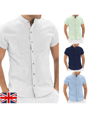 Men's Linen Cotton T Shirt Men Plain Casual Short Sleeve Button Summer Tee Tops UK